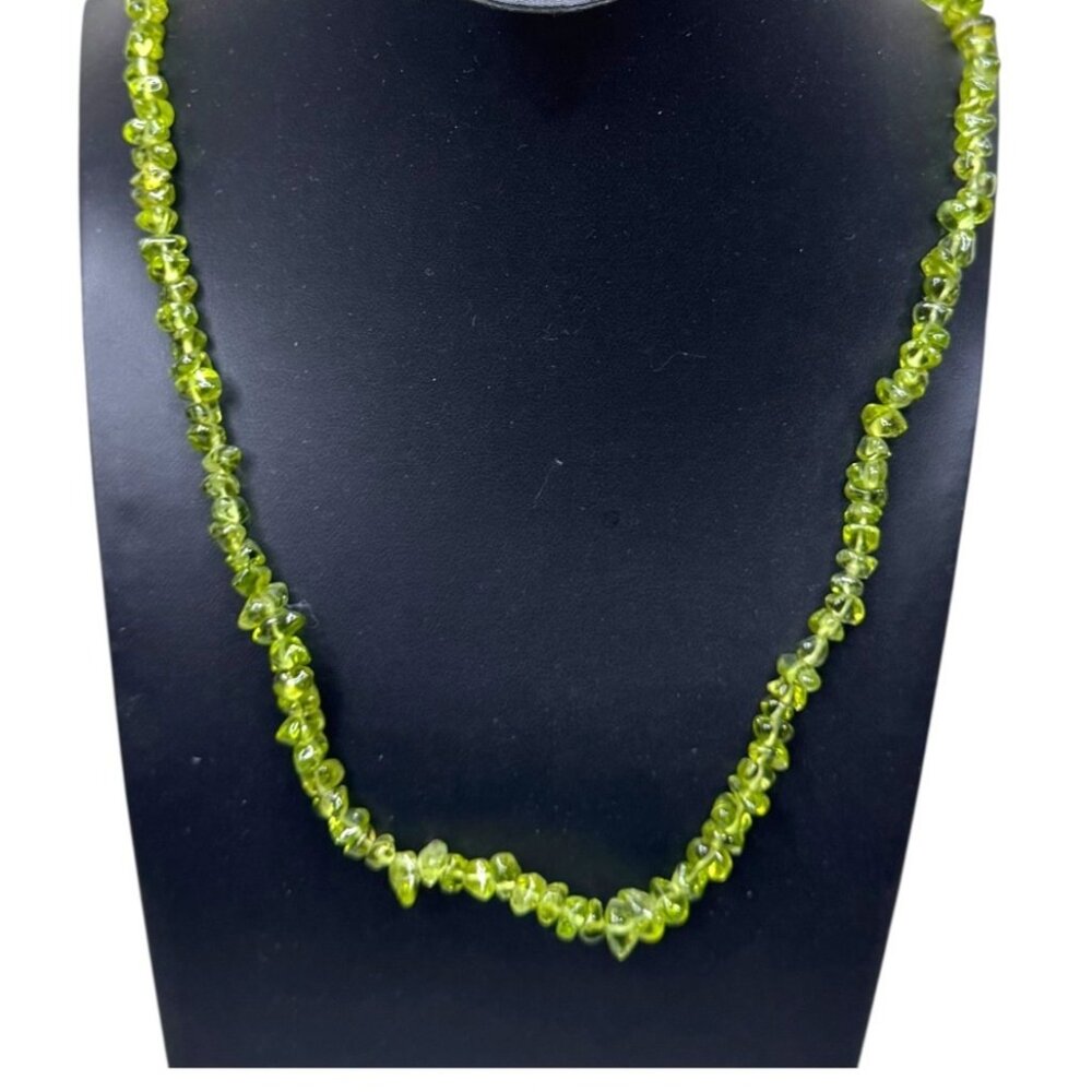 Vintage Peridot Chip Beaded Necklace Sterling Silver Ornate Clasp 33" Long Green